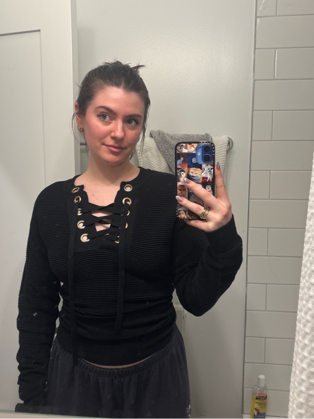 Olivaceous Black Ribbed Knit Top with Lace-Up Detail